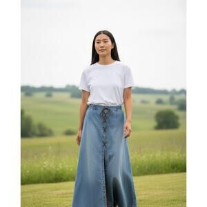 Vintage Jean Shout Skirt Womens M Blue Denim Lace Up Maxi Front Slit Boho Hippie